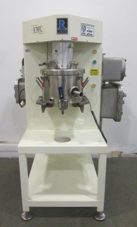***SOLD*** Ross VMC-2 Triple Shaft (tri-shaft) Versamixer Mixer. 316 Stainless Steel construction. Vacuum capable. 2 gallon jacketed Vacuum capable mixing can with provision for thermal couple probe (Type J). 50 PSI jacket. Sanitary 80 grit finish. Explosion proof drives and controls. Anchor agitator driven by 1HP, 230/460 volt xp motor (2) high speed dispersers each driven by 1 HP, 230/460 volt motor. Air over bowl lift/lower mechanism. Lift System: 80-100psig/ 4-5 scfm. Electrical 115V/60Hz. Included are the the unit and electrical mounted on the unit.  No main control panel included. Serial# 104930. High viscosity mixer.